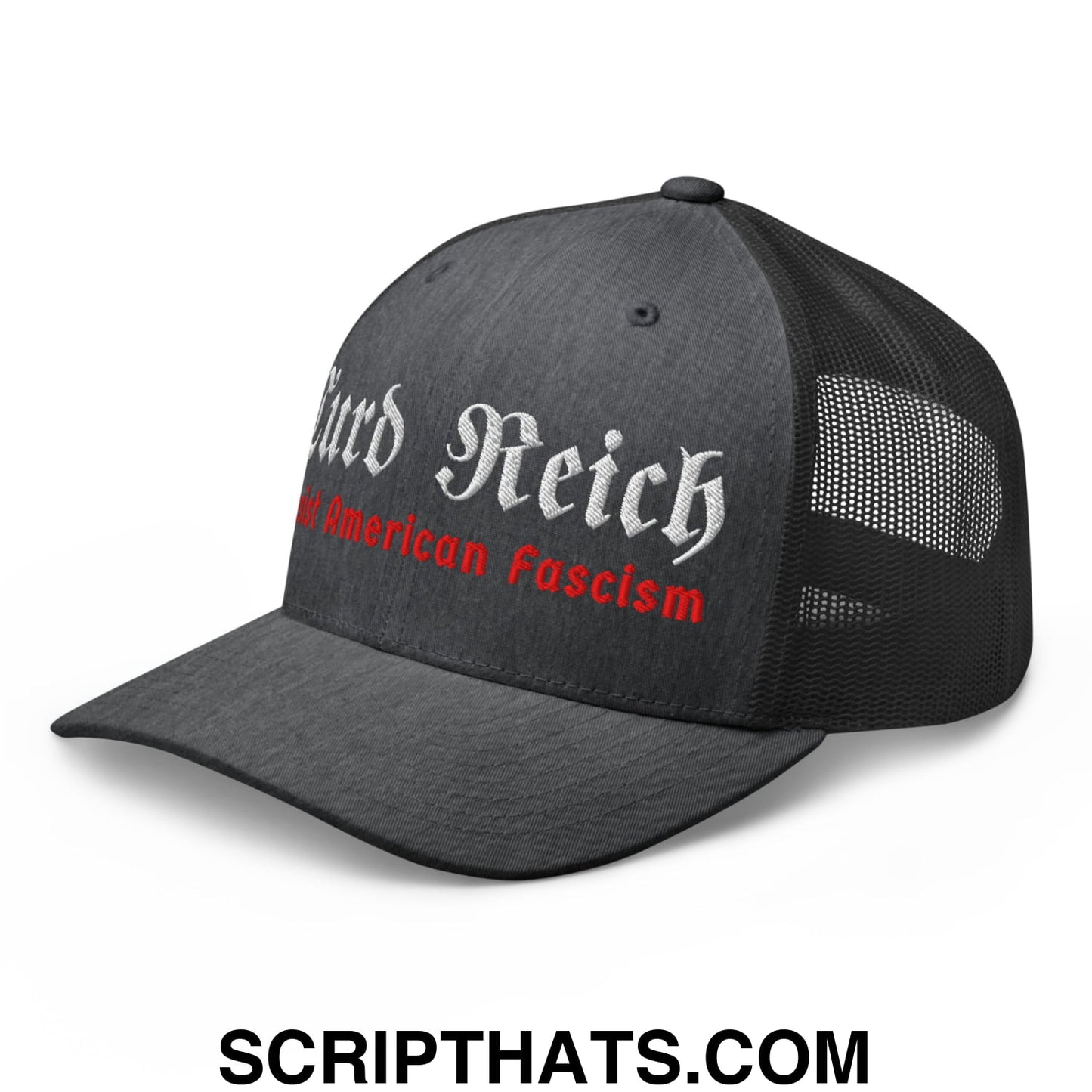 Turd Reich Resist American Fascism Embroidered Mesh Trucker Hat Dark Heather Gray