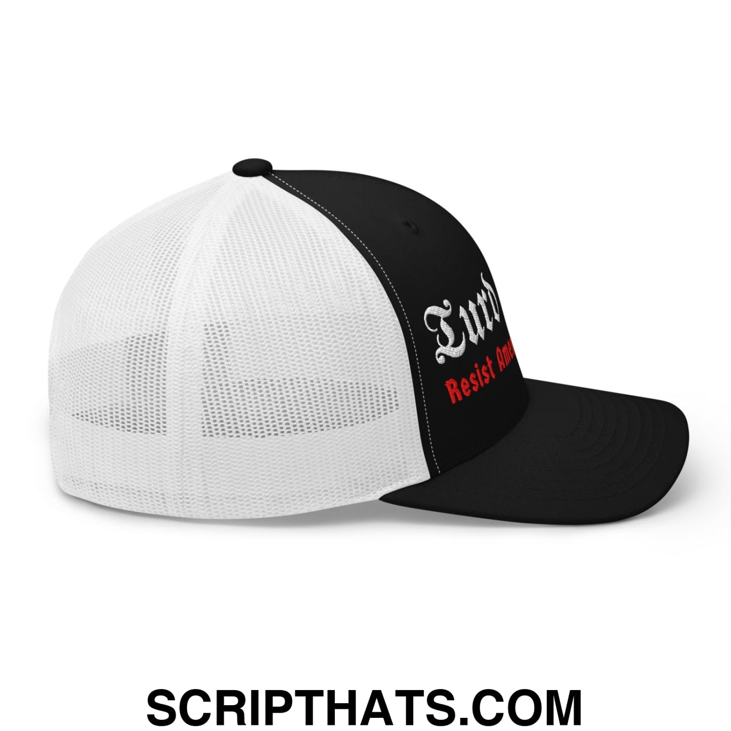 Turd Reich Resist American Fascism Embroidered Mesh Trucker Hat Black White