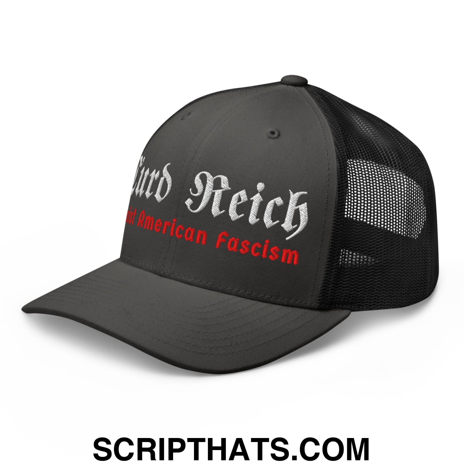 Turd Reich Resist American Fascism Embroidered Mesh Trucker Hat Charcoal Black