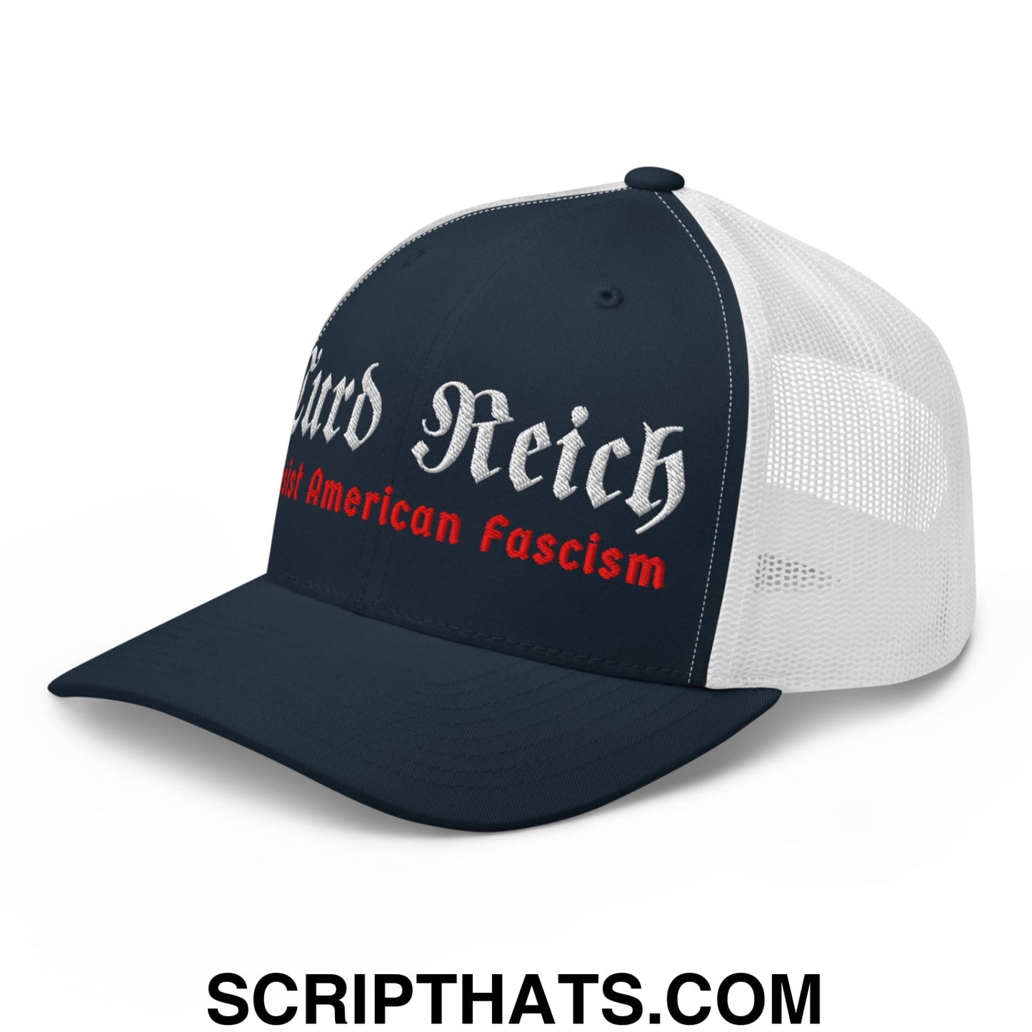 Turd Reich Resist American Fascism Embroidered Mesh Trucker Hat Navy White