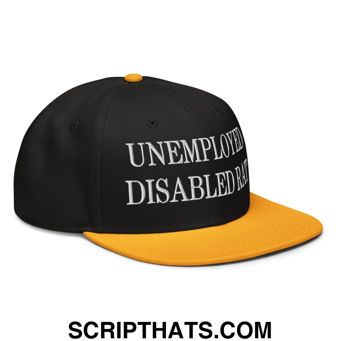 Unemployed Disabled Rat Embroidered Flat Brim Bill Snapback Hat Gold Black Black