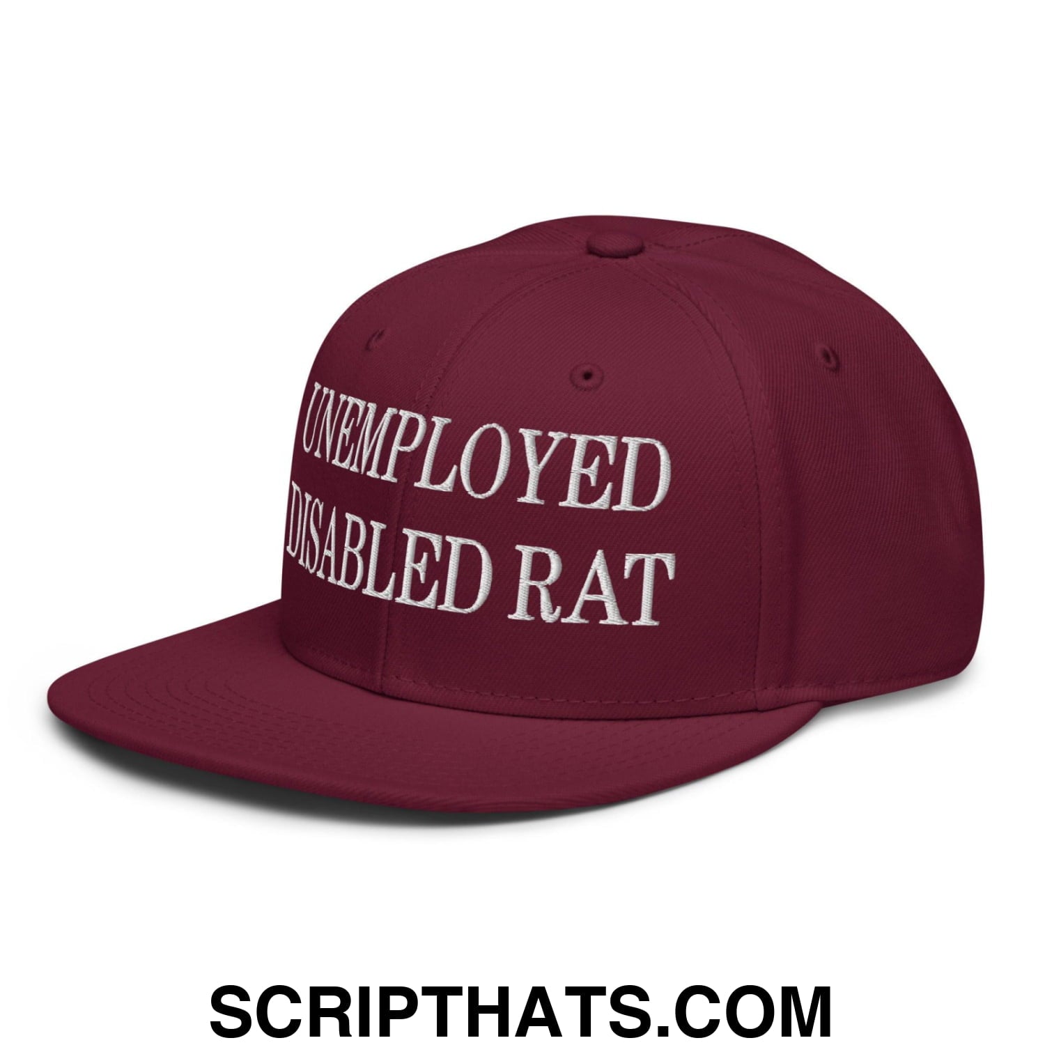 Unemployed Disabled Rat Embroidered Flat Brim Bill Snapback Hat Burgundy maroon