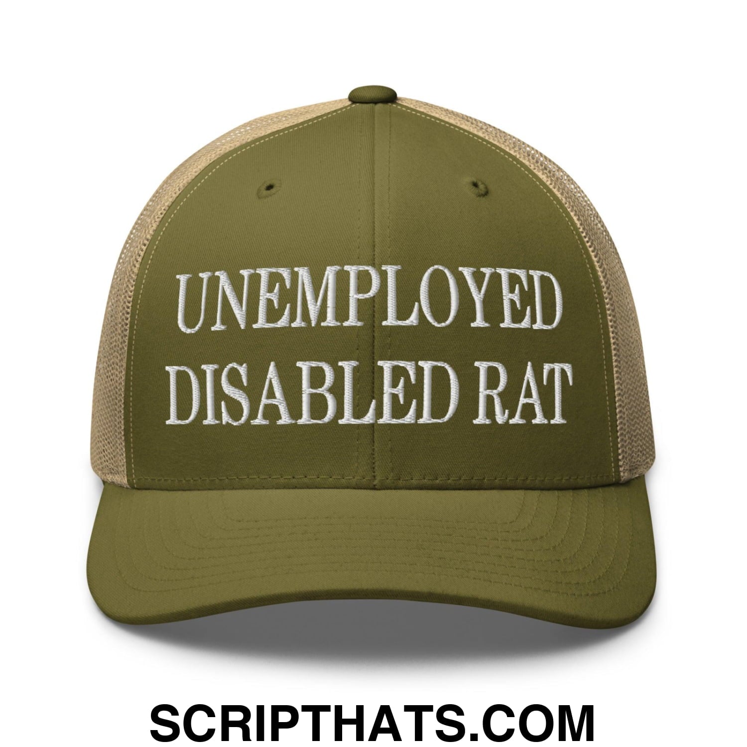 Unemployed Disabled Rat Embroidered Mesh Trucker Hat Moss Khaki