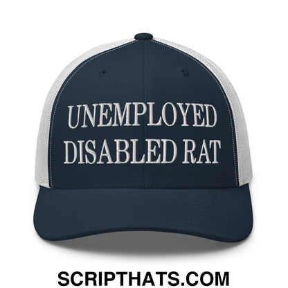 Unemployed Disabled Rat Embroidered Mesh Trucker Hat Navy White
