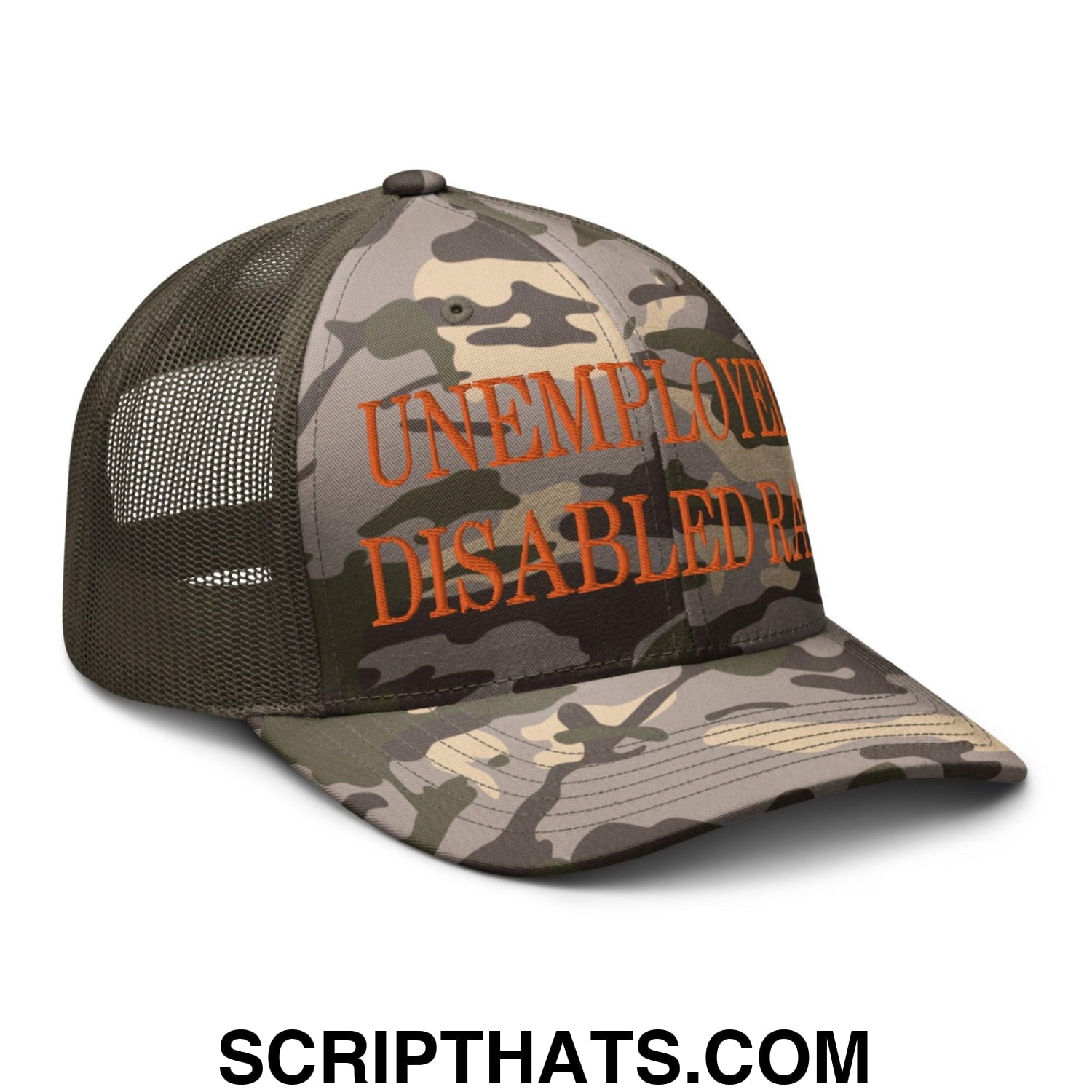 Unemployed Disabled Rat Embroidered Orange Camo Trucker Hat Camo Olive