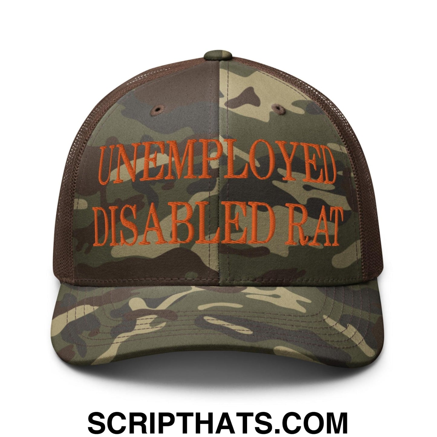 Unemployed Disabled Rat Embroidered Orange Camo Trucker Hat Camo Brown