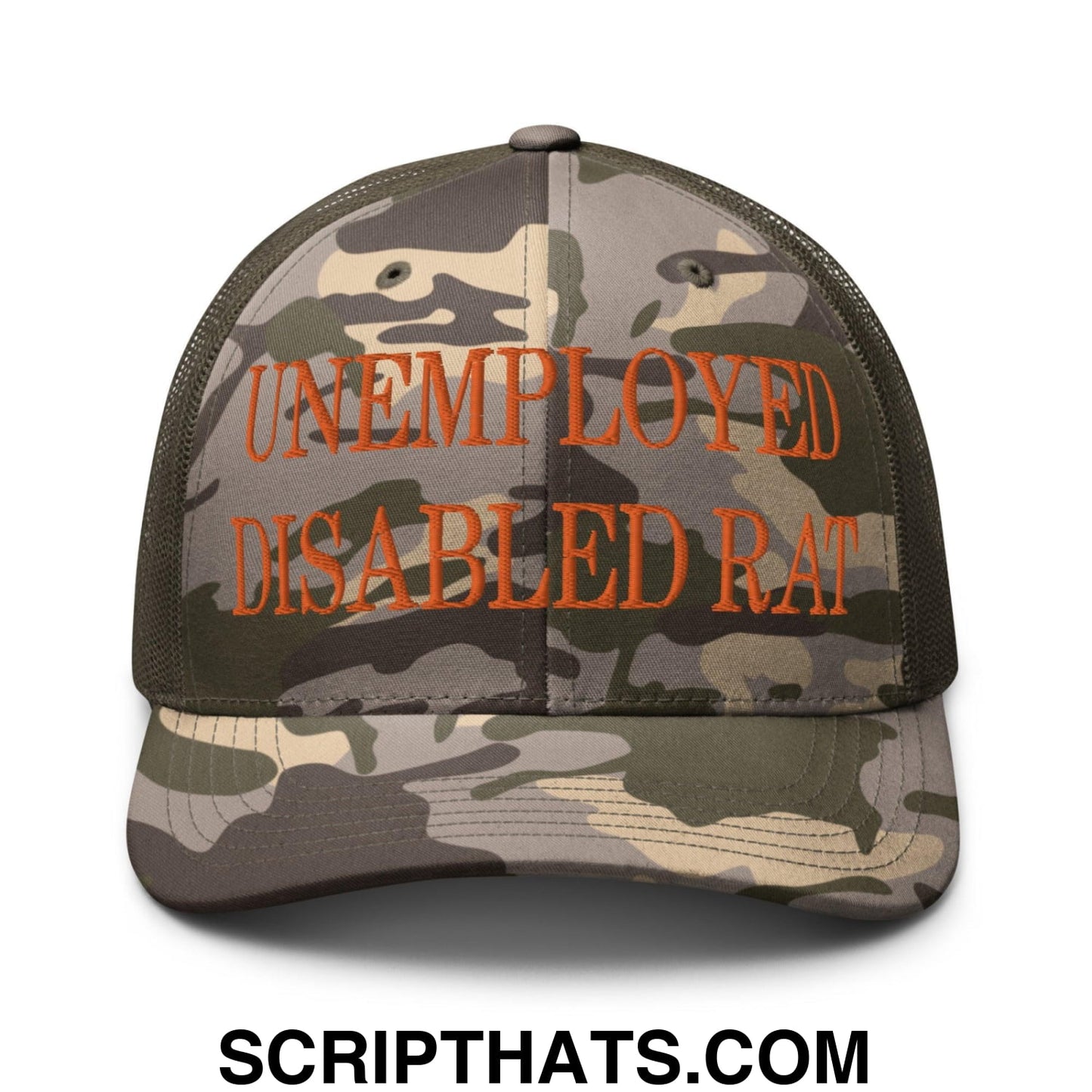 Unemployed Disabled Rat Embroidered Orange Camo Trucker Hat Camo Olive
