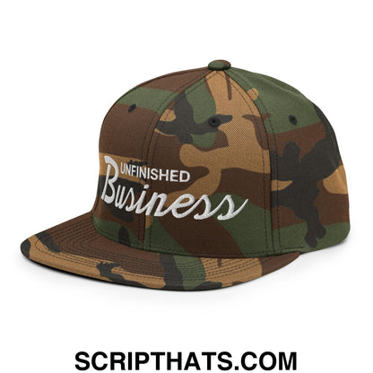 Unfinished Business Vintage Sports Script Snapback Hat Green Camo
