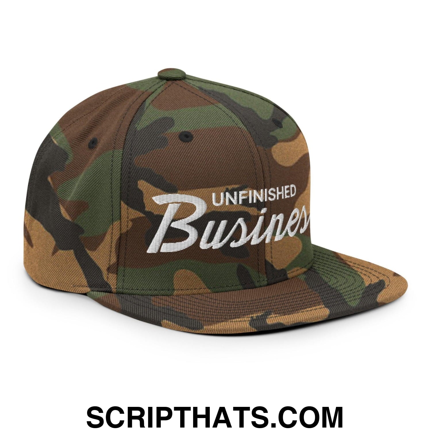 Unfinished Business Vintage Sports Script Snapback Hat Green Camo