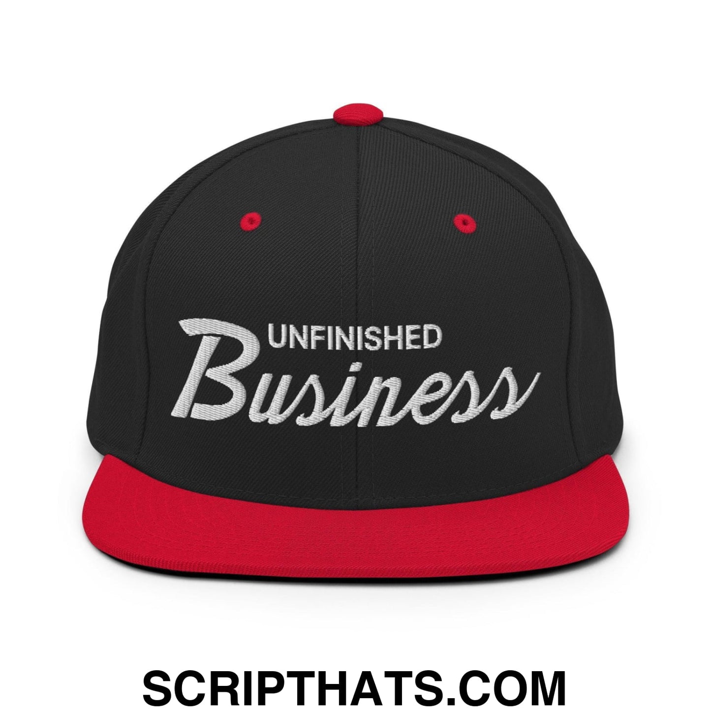 Unfinished Business Vintage Sports Script Snapback Hat Black Red