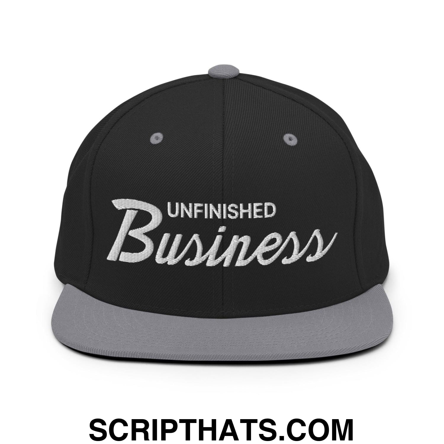Unfinished Business Vintage Sports Script Snapback Hat Black Silver