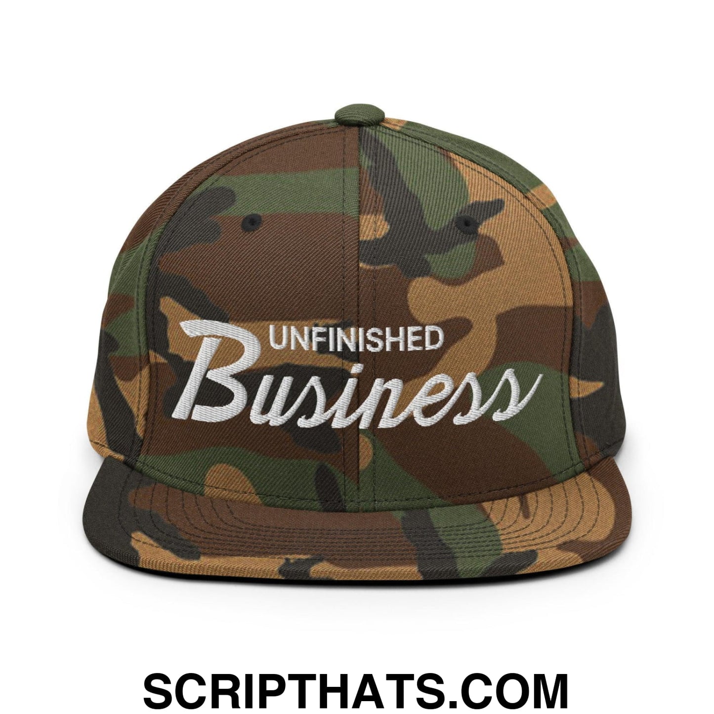 Unfinished Business Vintage Sports Script Snapback Hat Green Camo
