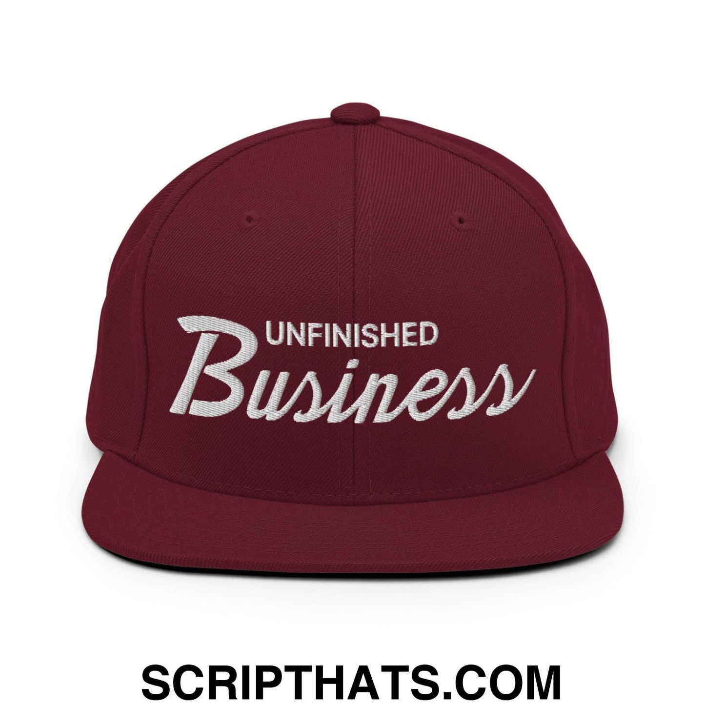 Unfinished Business Vintage Sports Script Snapback Hat Maroon