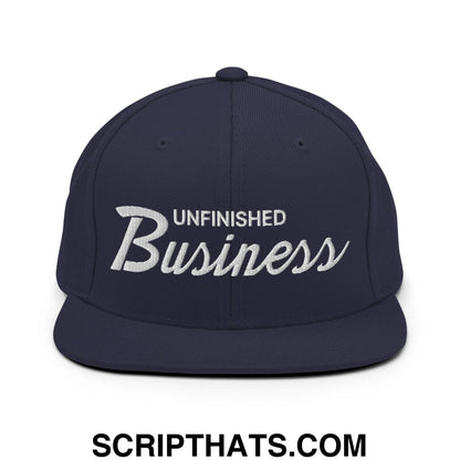 Unfinished Business Vintage Sports Script Snapback Hat Navy
