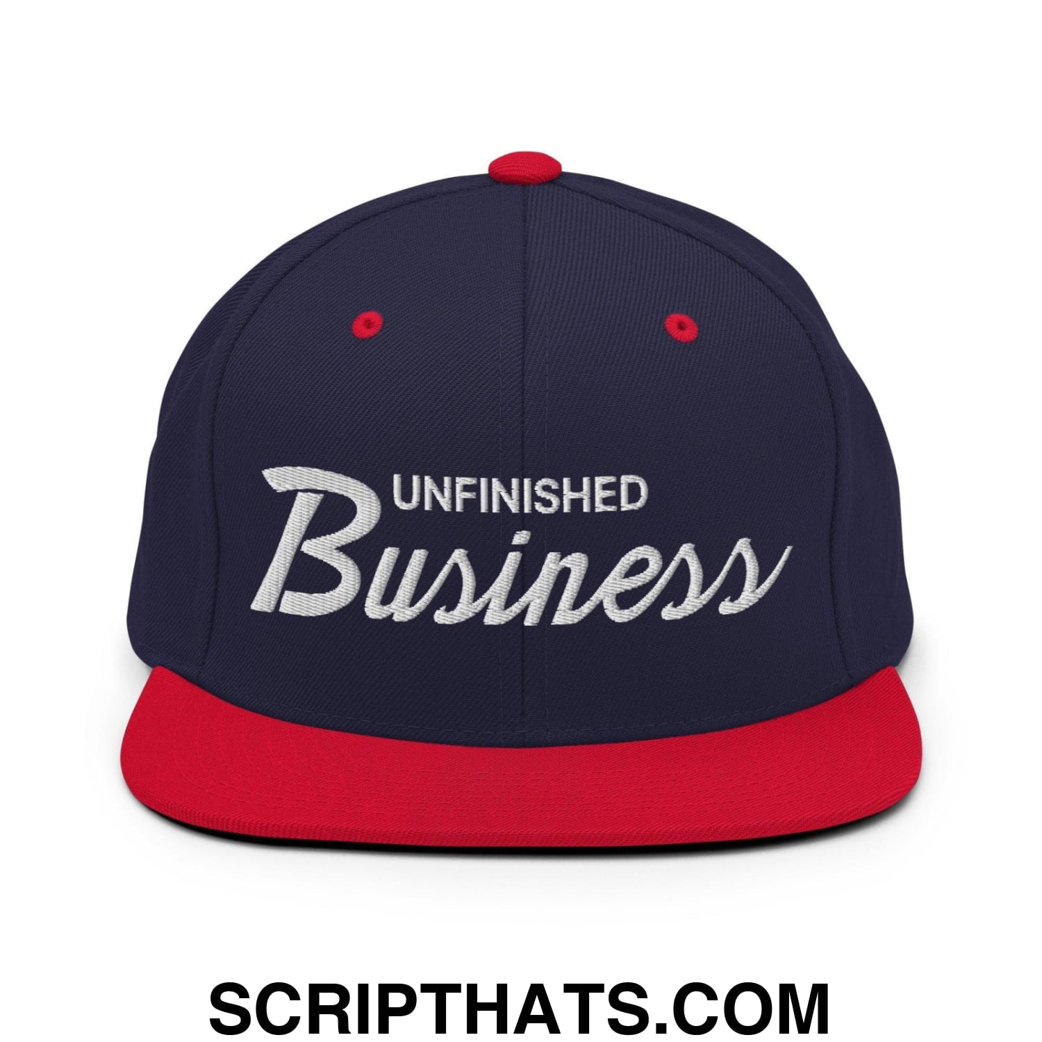 Unfinished Business Vintage Sports Script Snapback Hat Navy Red