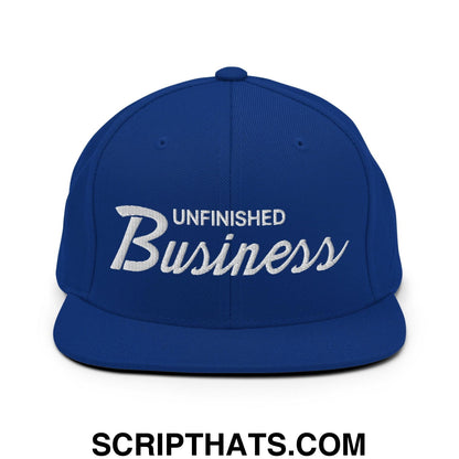 Unfinished Business Vintage Sports Script Snapback Hat Royal Blue