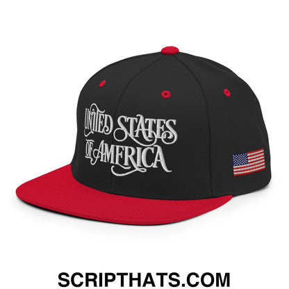 United States of America Embroidered Flat Bill Brim Snapback Hat Black Red