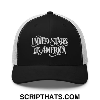 United States of America Embroidered Mesh Trucker Hat Black White