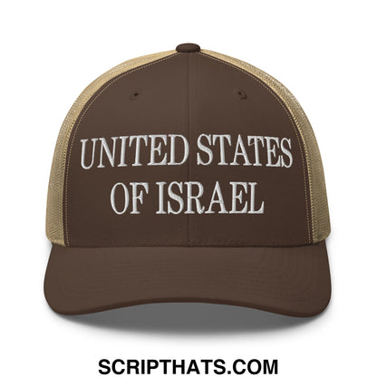 United States of Israel Embroidered Mesh Trucker Hat Brown Khaki