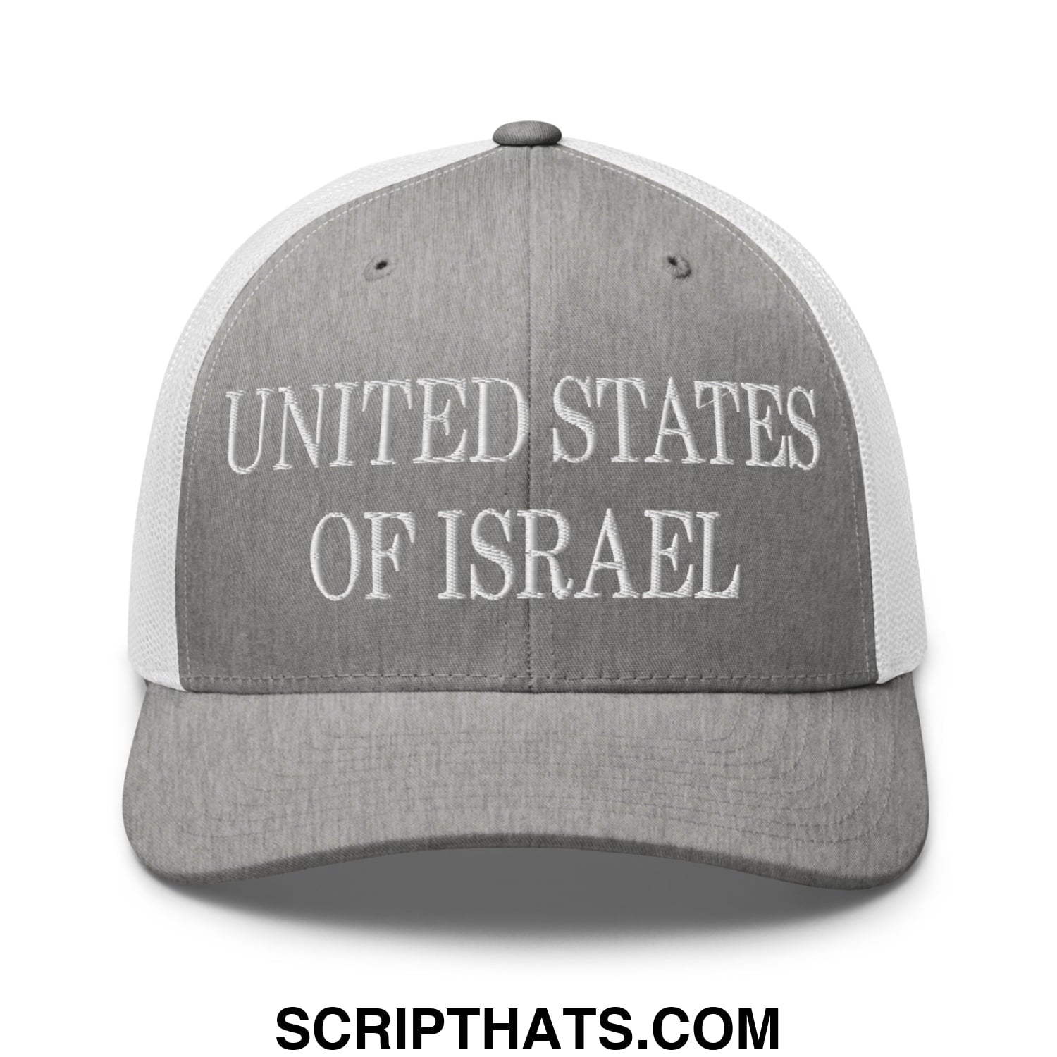 United States of Israel Embroidered Mesh Trucker Hat Heather Grey White