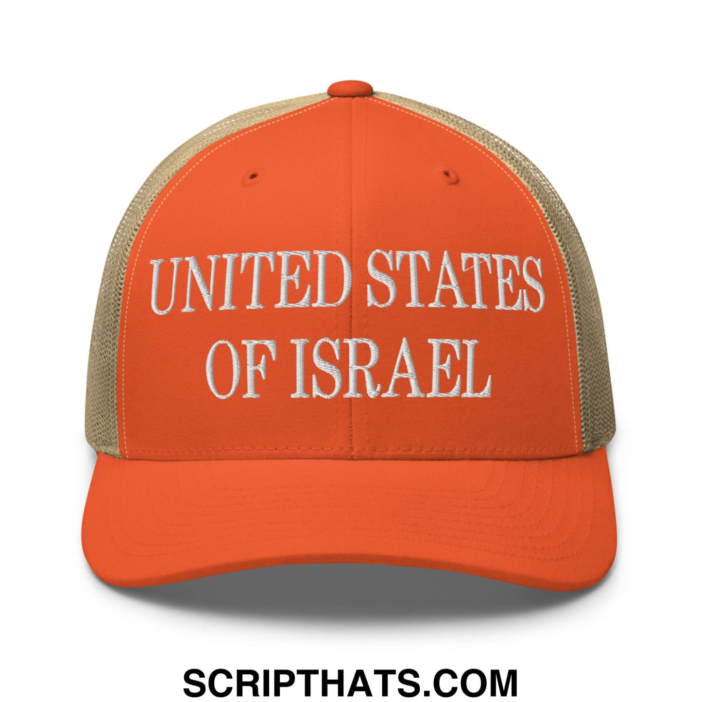 United States of Israel Embroidered Mesh Trucker Hat Rustic Orange Khaki