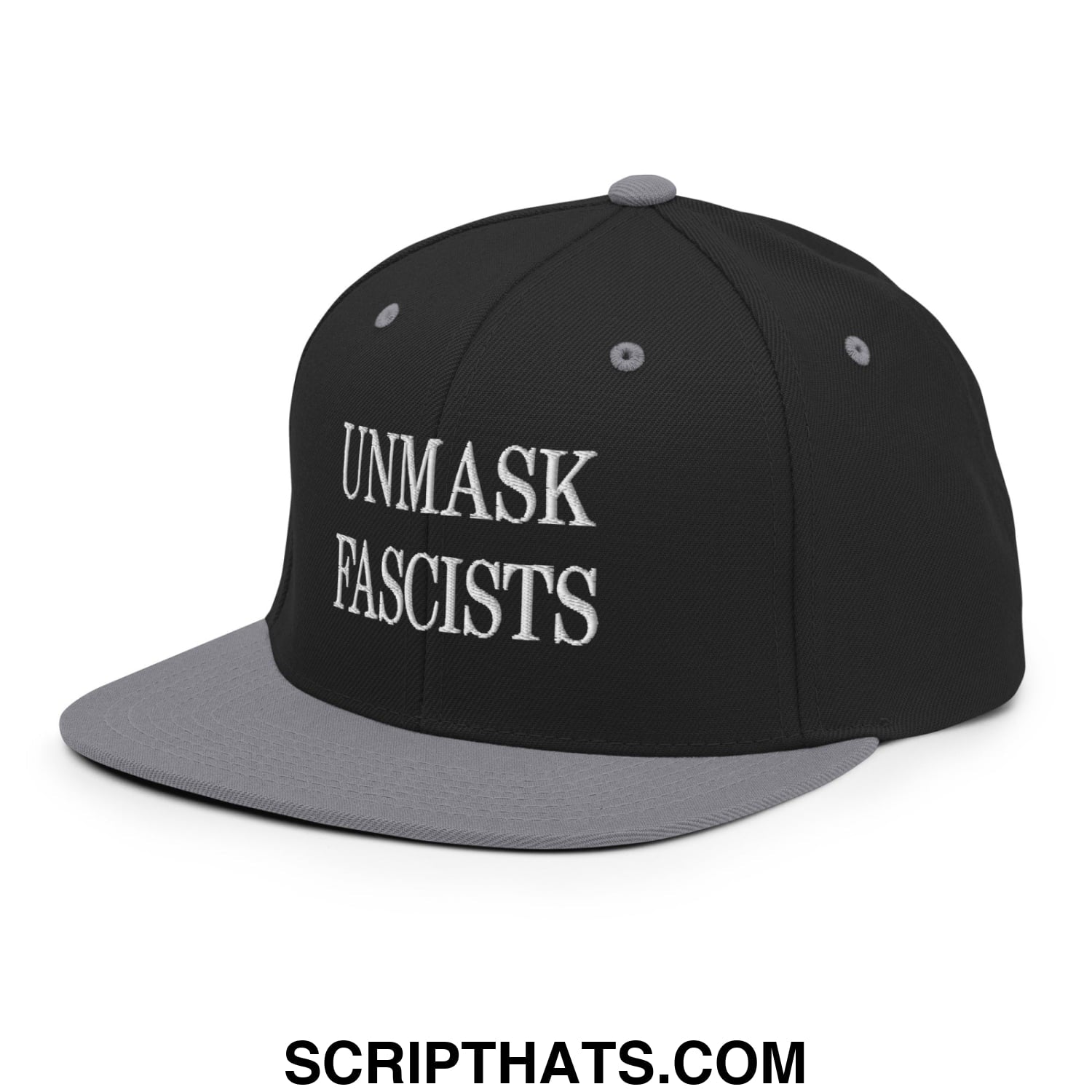 Black and gray snapback hat with white embroidered unmask fascists text and flat bill brim design