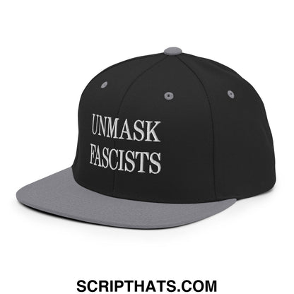 Black and gray snapback hat with white embroidered unmask fascists text and flat bill brim design