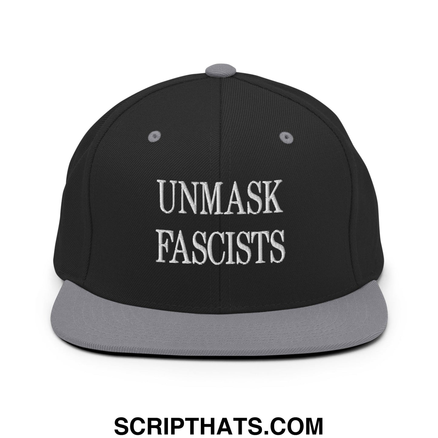 Black snapback cap with gray brim and white embroidered unmask fascists text in bold serif font