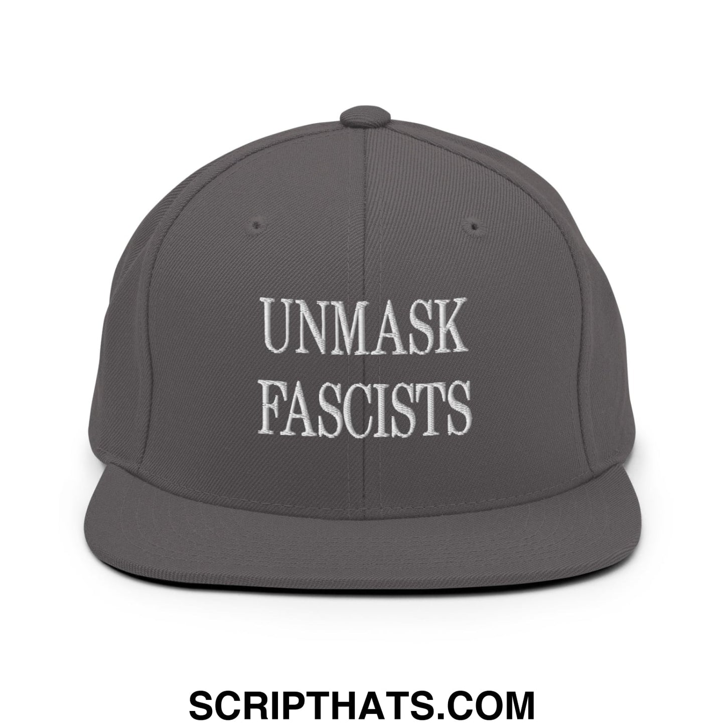 Gray snapback hat with white embroidered text unmask fascists flat bill brim for casual and streetwear use