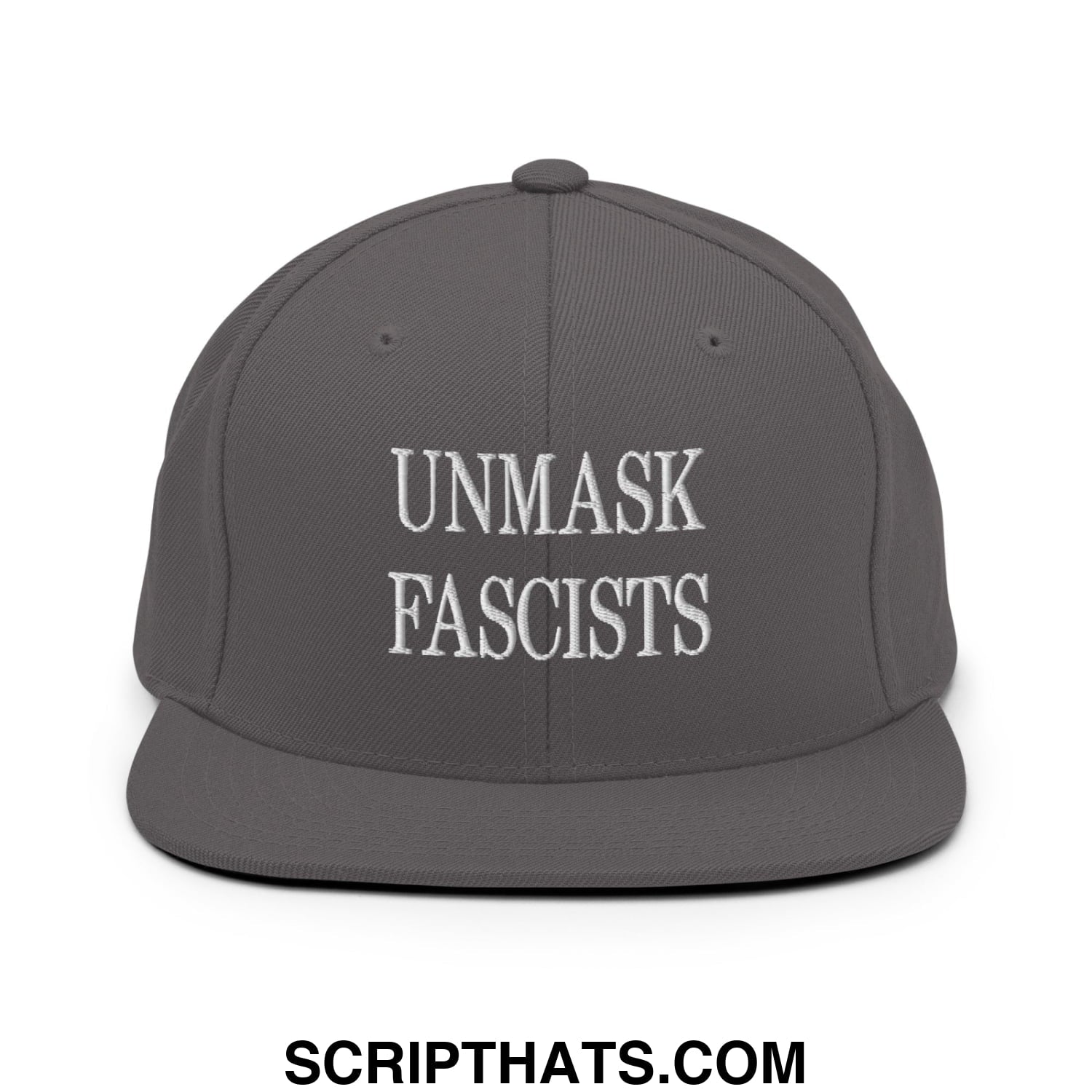 Gray snapback hat with white embroidered text unmask fascists flat bill brim for casual and streetwear use