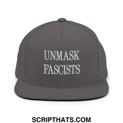 Gray snapback hat with white embroidered text unmask fascists flat bill brim for casual and streetwear use