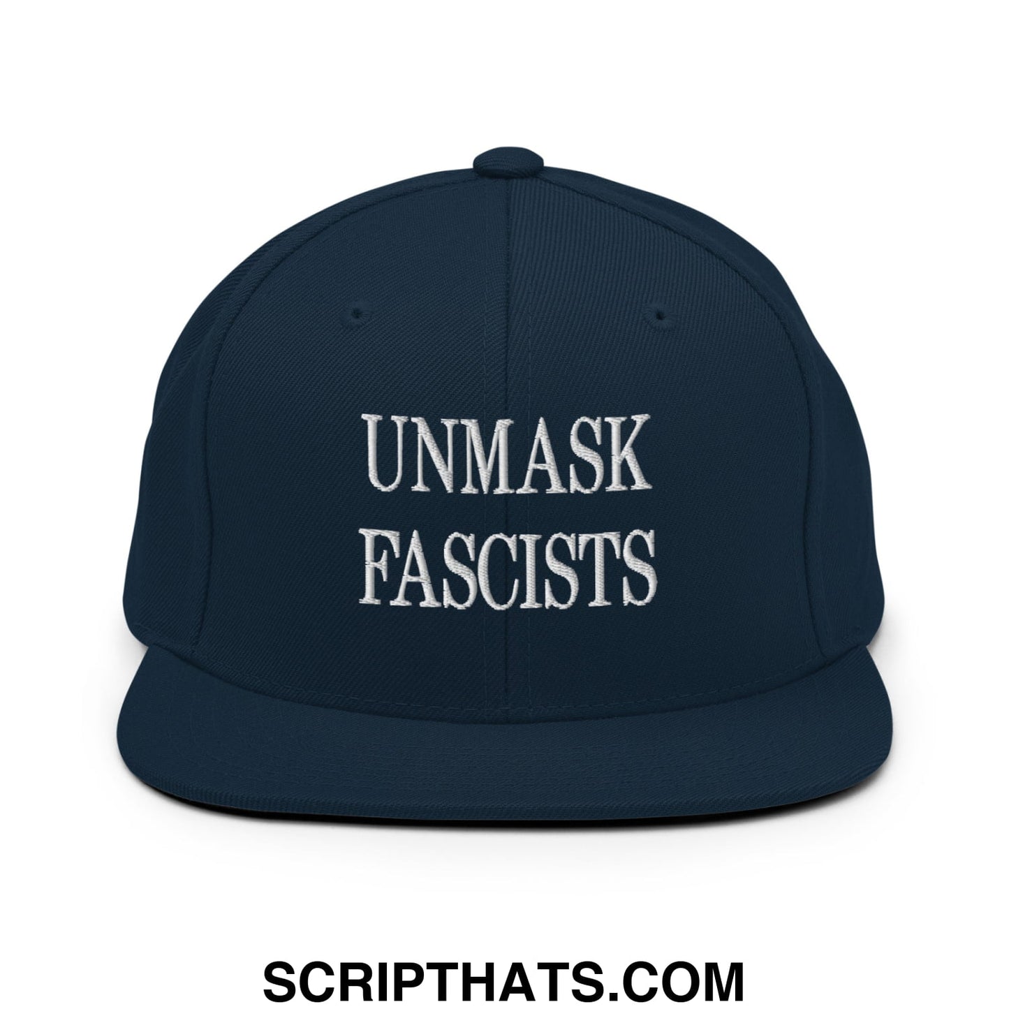 Navy blue snapback hat with white embroidered unmask fascists text and flat bill brim for casual wear