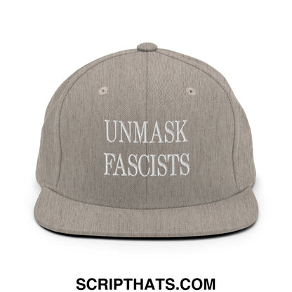 Gray snapback hat with white embroidered text unmask fascists flat bill brim for casual streetwear use