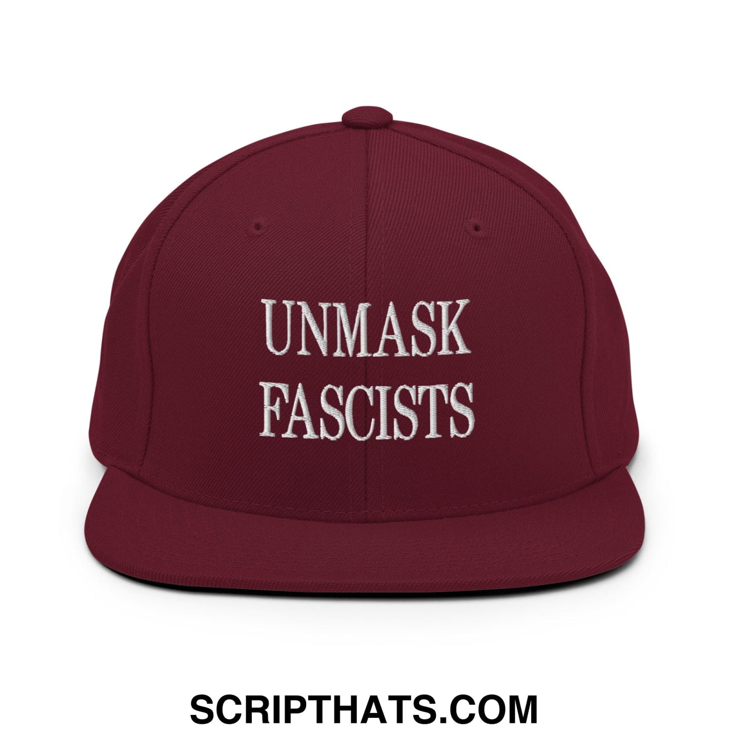 Maroon flat bill brim snapback hat with white embroidered text unmask fascists perfect for casual wear