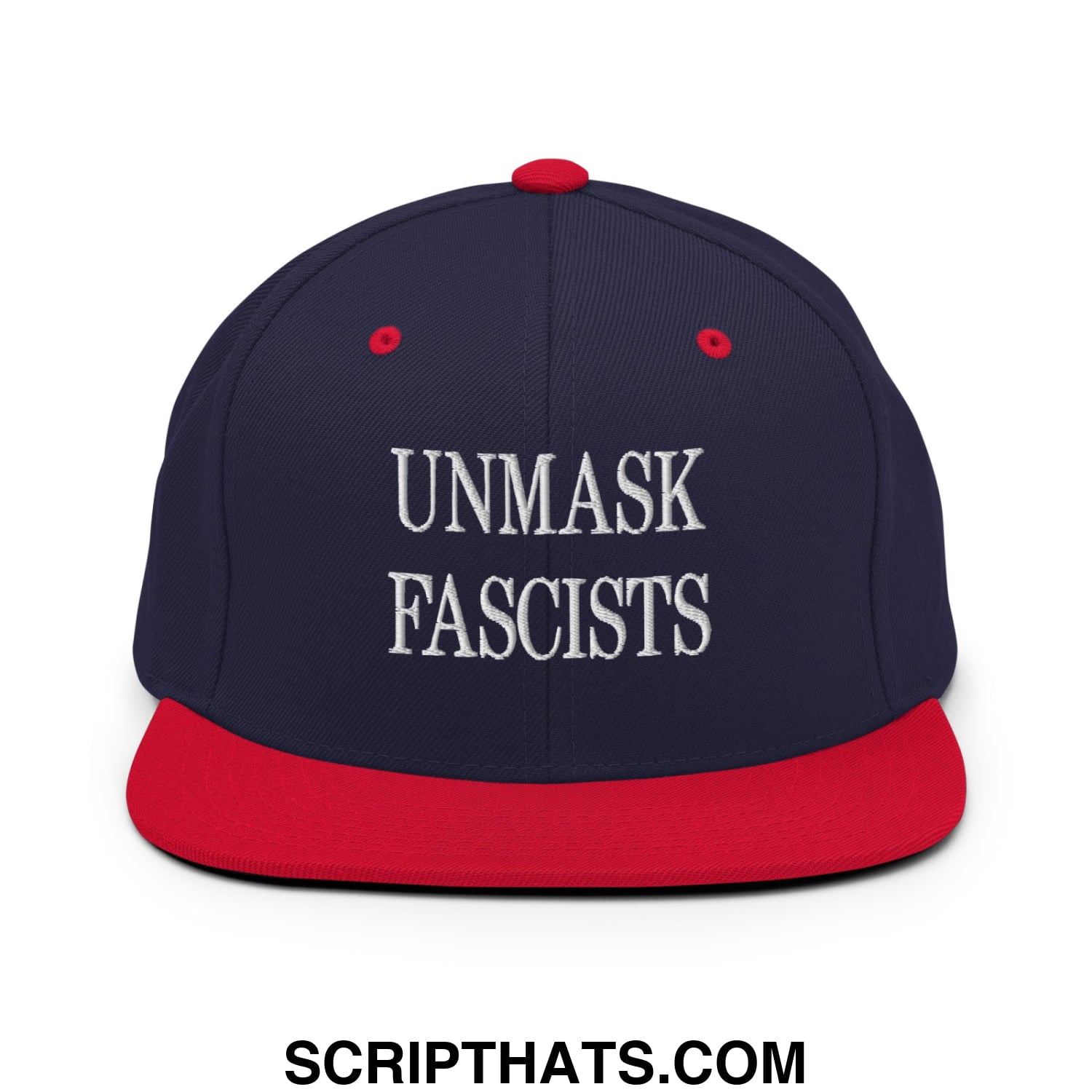 Navy blue and red snapback hat with white embroidered unmask fascists text and flat bill brim design