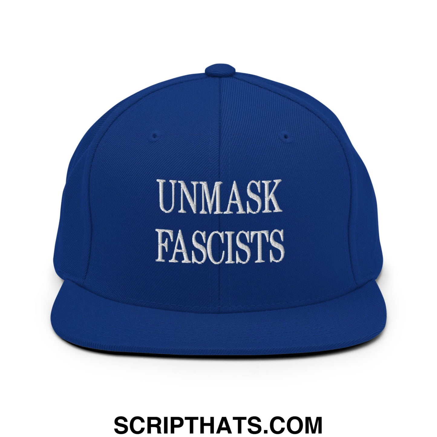 Royal blue snapback hat with white embroidered unmask fascists text featuring a flat bill brim design