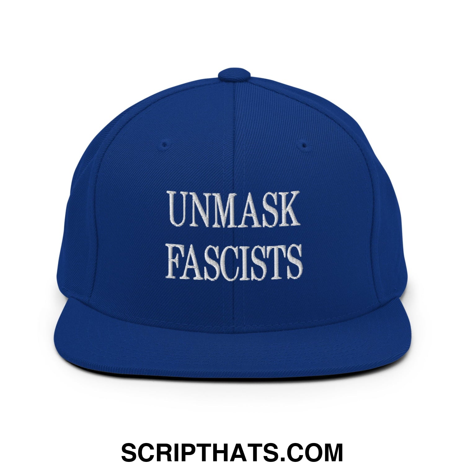Royal blue snapback hat with white embroidered unmask fascists text featuring a flat bill brim design