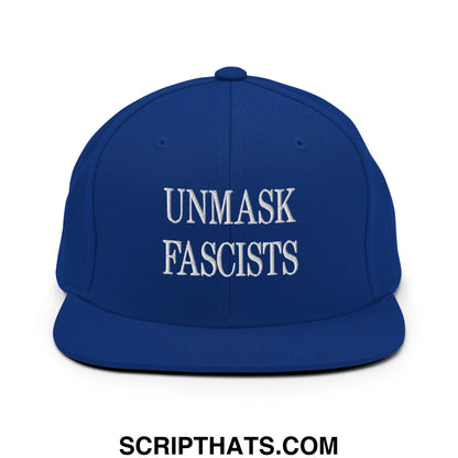 Royal blue snapback hat with white embroidered unmask fascists text featuring a flat bill brim design