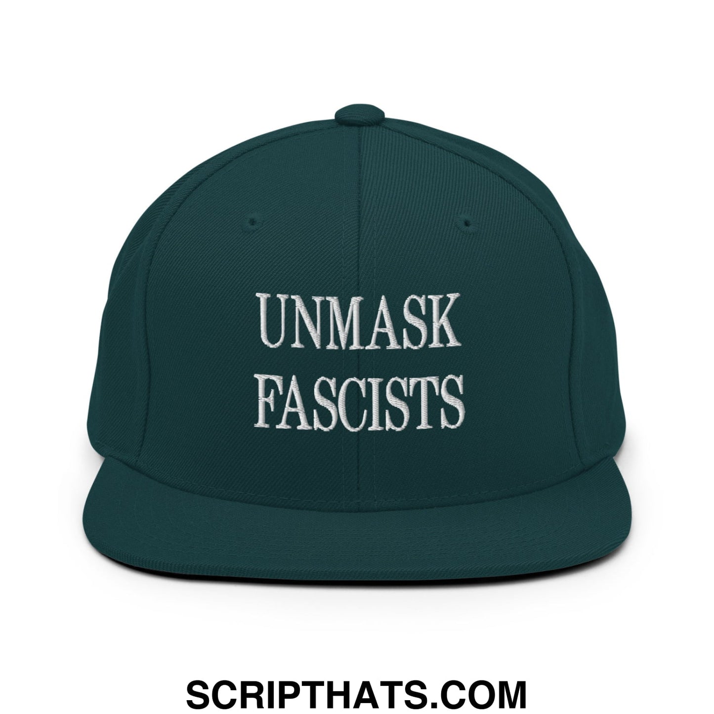Dark green snapback cap with white embroidered unmask fascists text and flat bill brim for casual wear