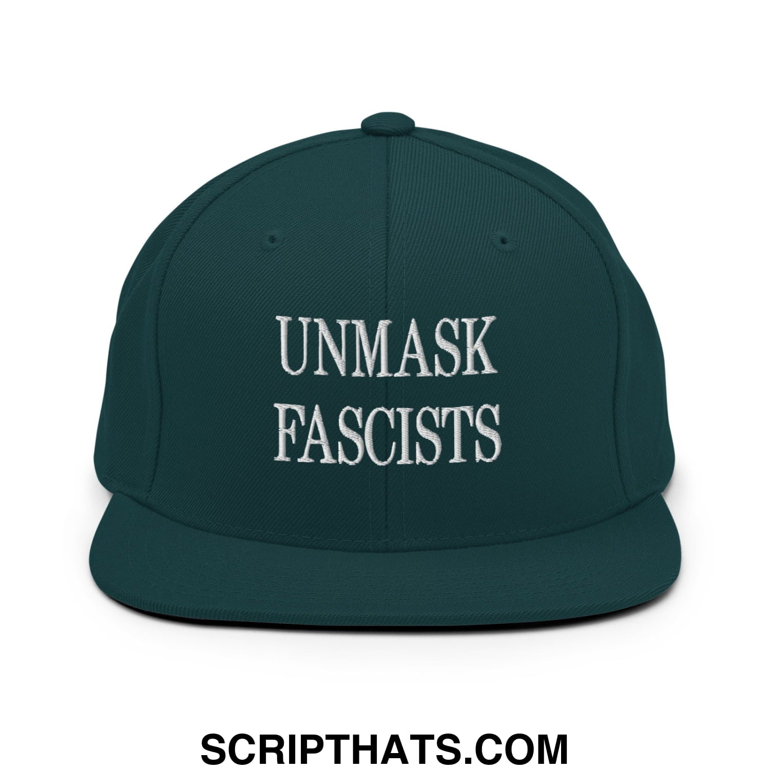 Dark green snapback cap with white embroidered unmask fascists text and flat bill brim for casual wear
