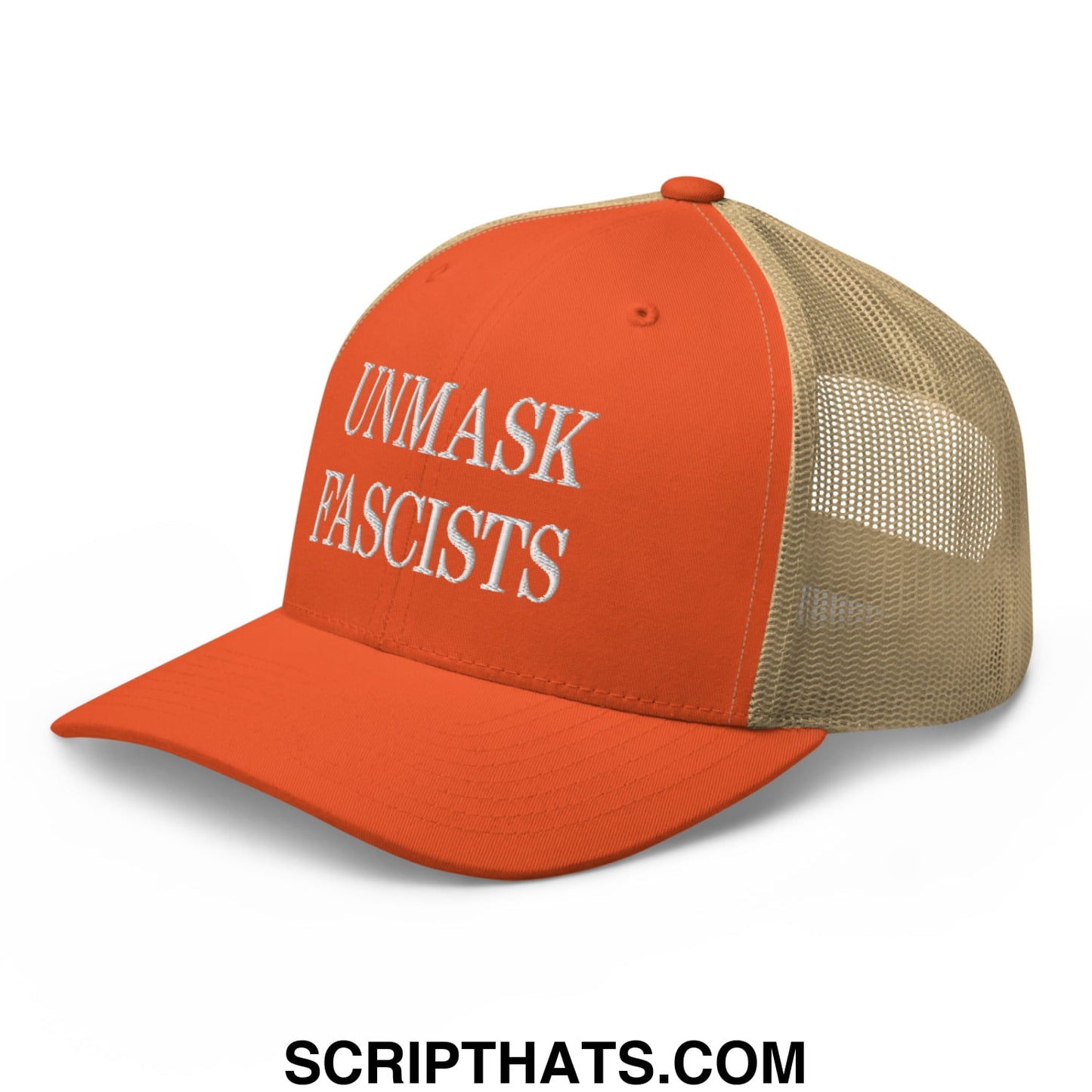 Orange and tan mesh trucker hat with white embroidered unmask fascists text on the front panel