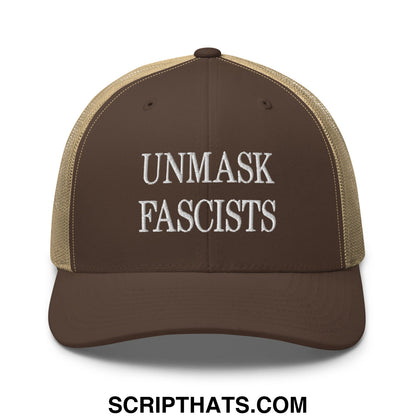 Brown and tan mesh trucker hat with white embroidered unmask fascists text titled unmask fascists embroidered mesh trucker hat