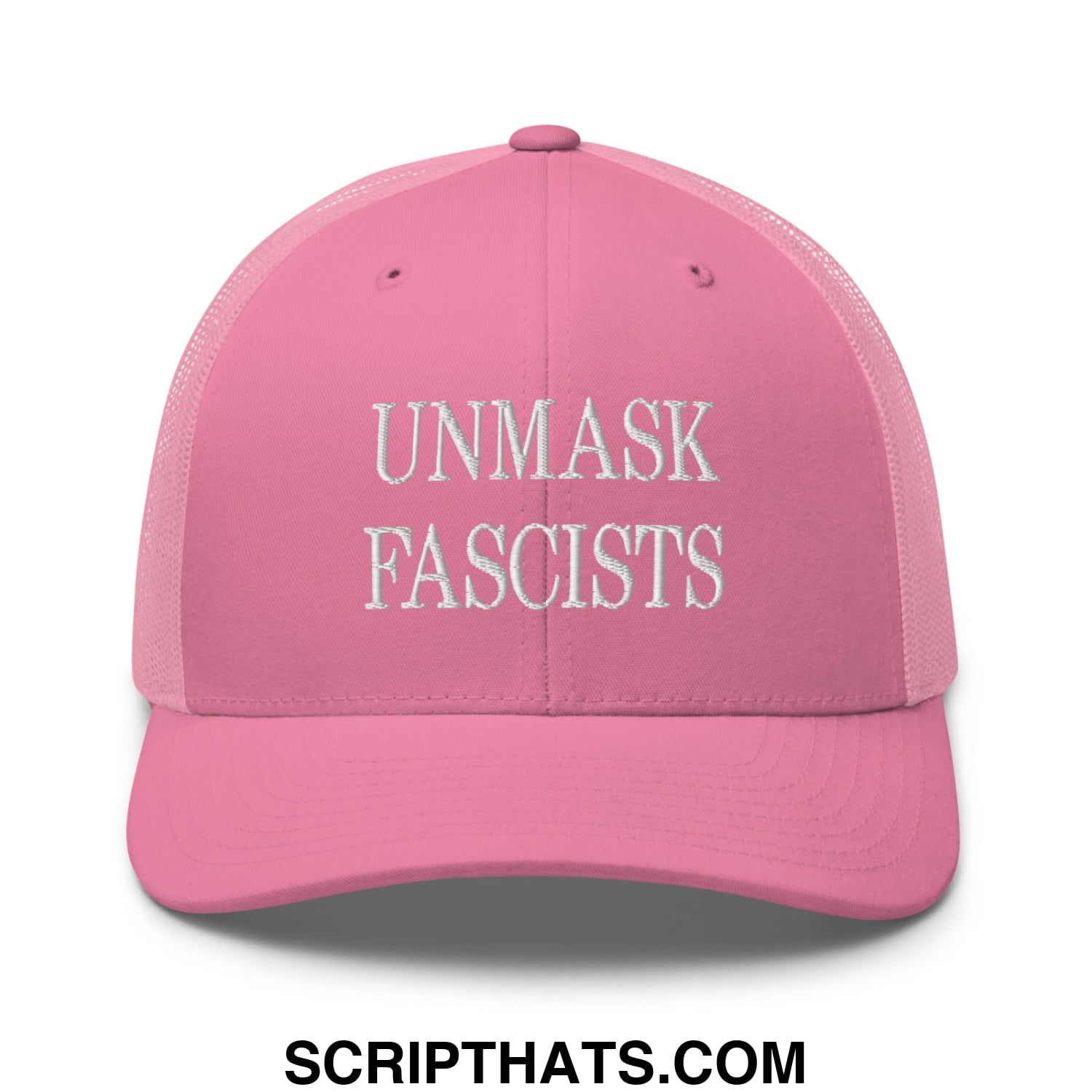 Pink mesh trucker hat with white embroidered unmask fascists text on front in unmask fascists embroidered mesh trucker hat