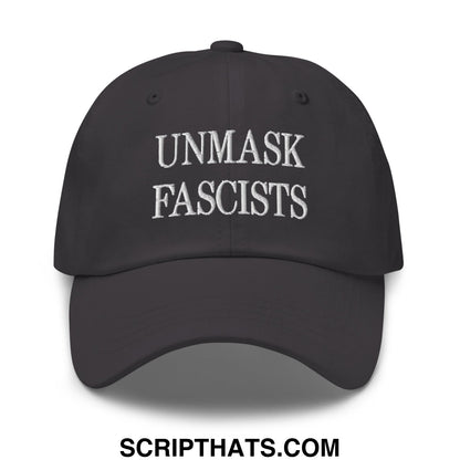 Black embroidered unstructured dad hat with white unmask fascists text for casual wear and activism