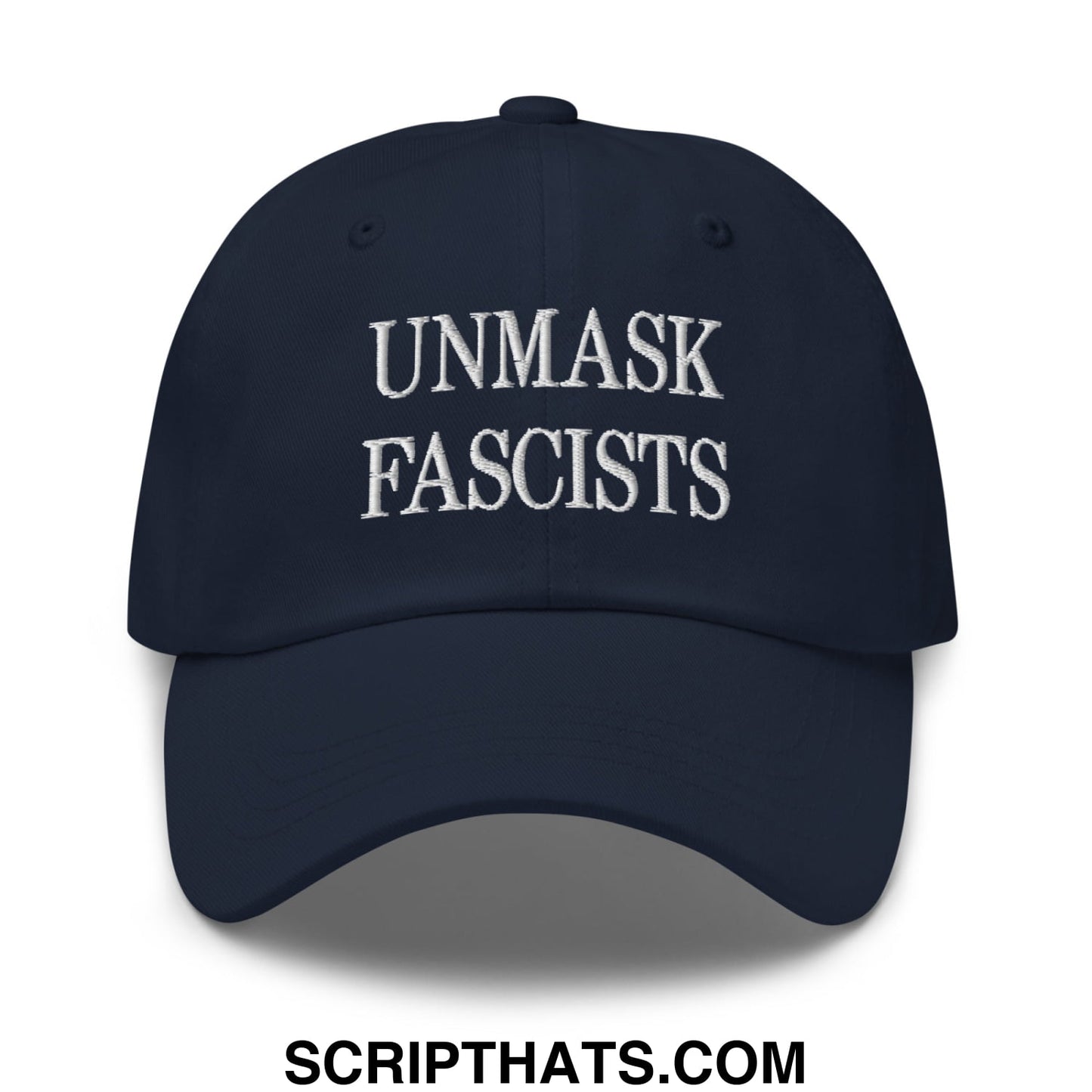 Navy blue unstructured dad hat with white embroidered text unmask fascists featuring a casual fit design