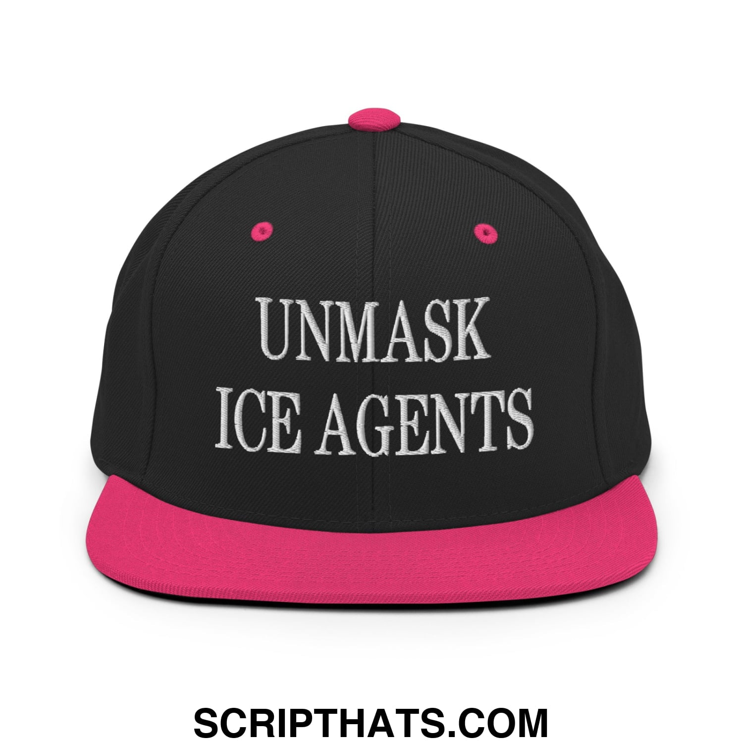 Black snapback cap with pink brim and button featuring white embroidered text unmask ice agents flat bill brim