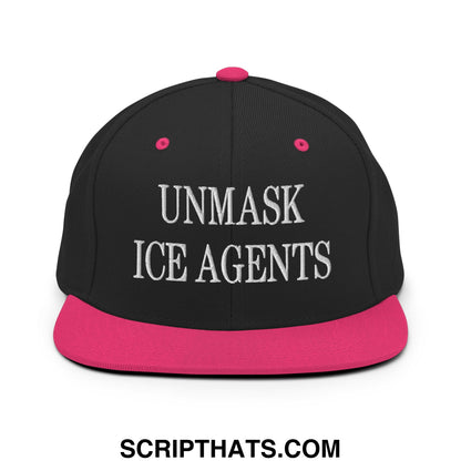 Black snapback cap with pink brim and button featuring white embroidered text unmask ice agents flat bill brim