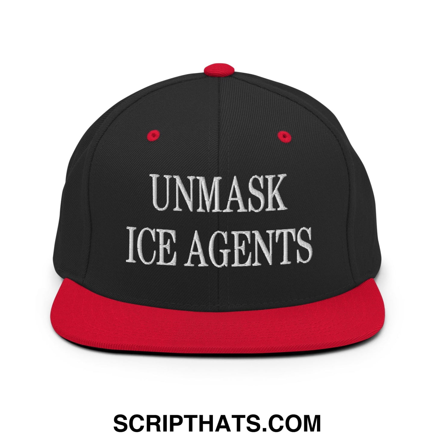 Black and red snapback hat with white embroidered unmask ice agents text and flat bill brim