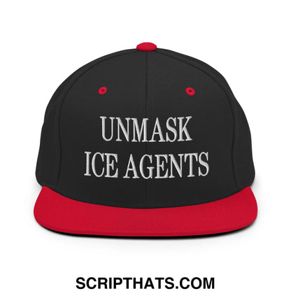 Black and red snapback hat with white embroidered unmask ice agents text and flat bill brim