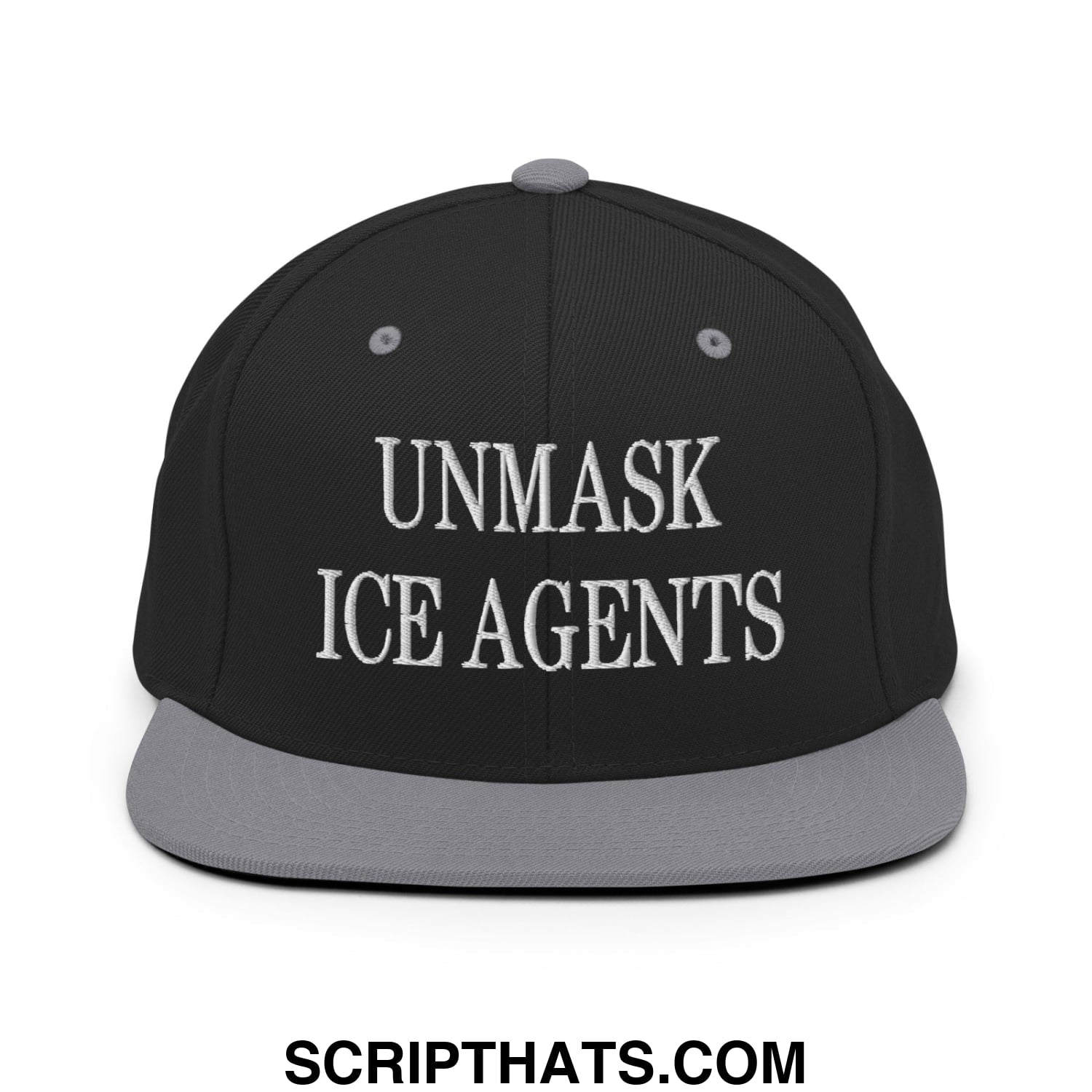 Black snapback cap with gray brim and embroidered white text unmask ice agents flat bill brim design
